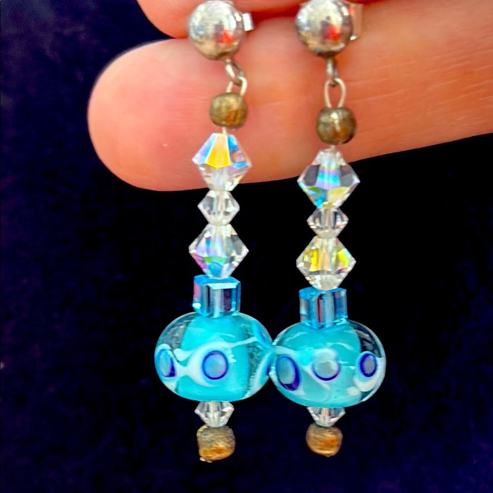 Elegant Blue Crystal and art glass Drop Earrings